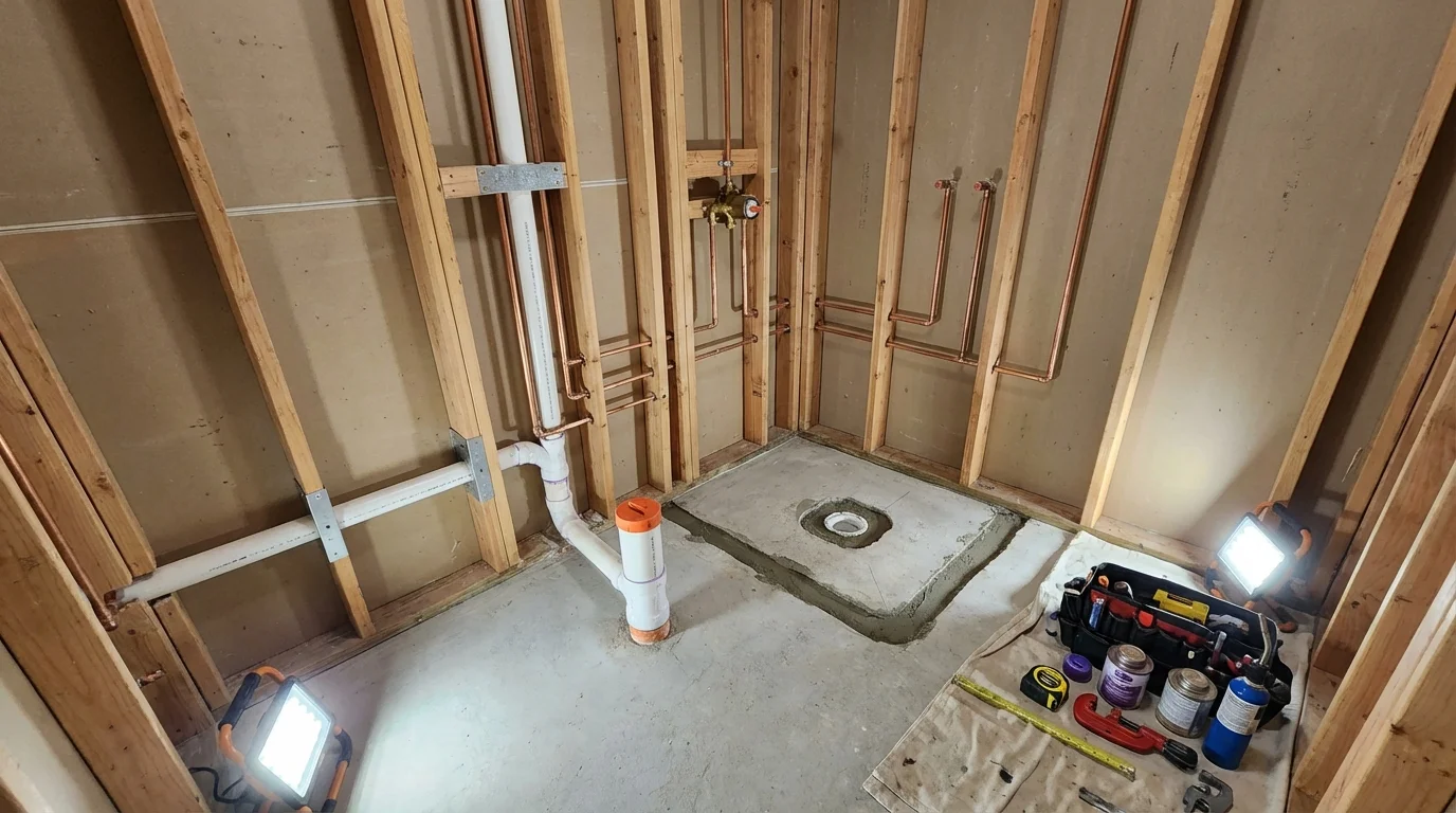 Bathroom rough-in plumbing during remodel by Johns Plumbing LLC in Poplarville
