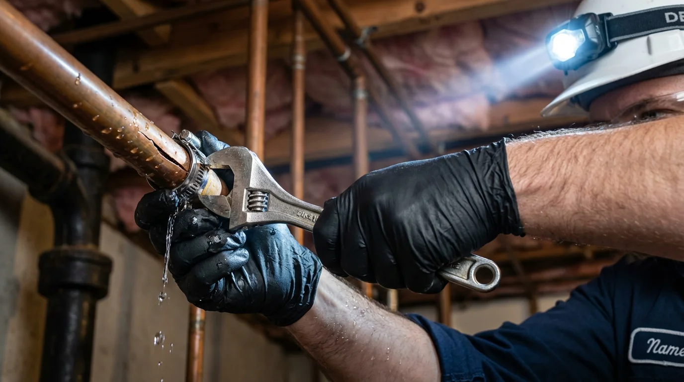 Emergency pipe clamp repair being performed by a Johns Plumbing LLC plumber in Poplarville
