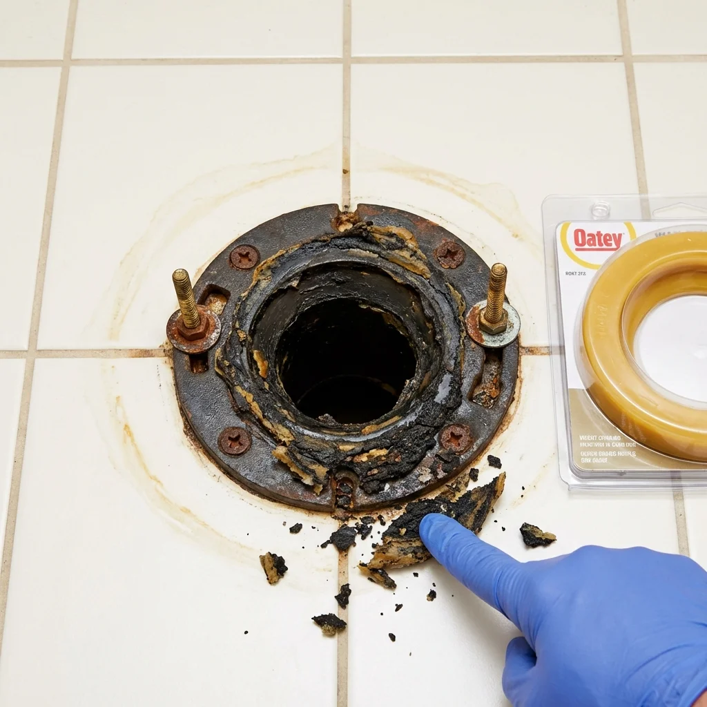 Failed wax ring showing water seepage at the base of a toilet in a Poplarville, MS home