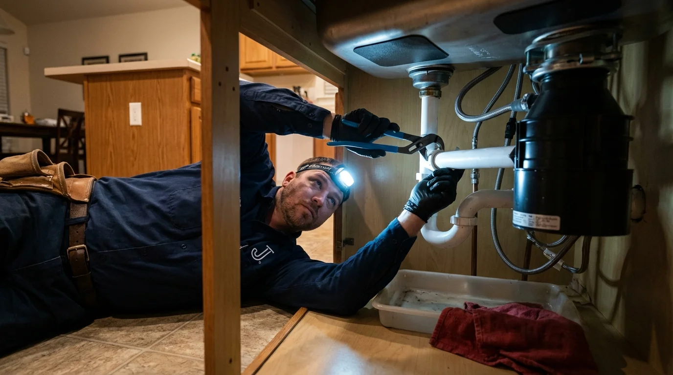 P-trap and supply line connections under a kitchen sink showing a common leak point in Poplarville, MS
